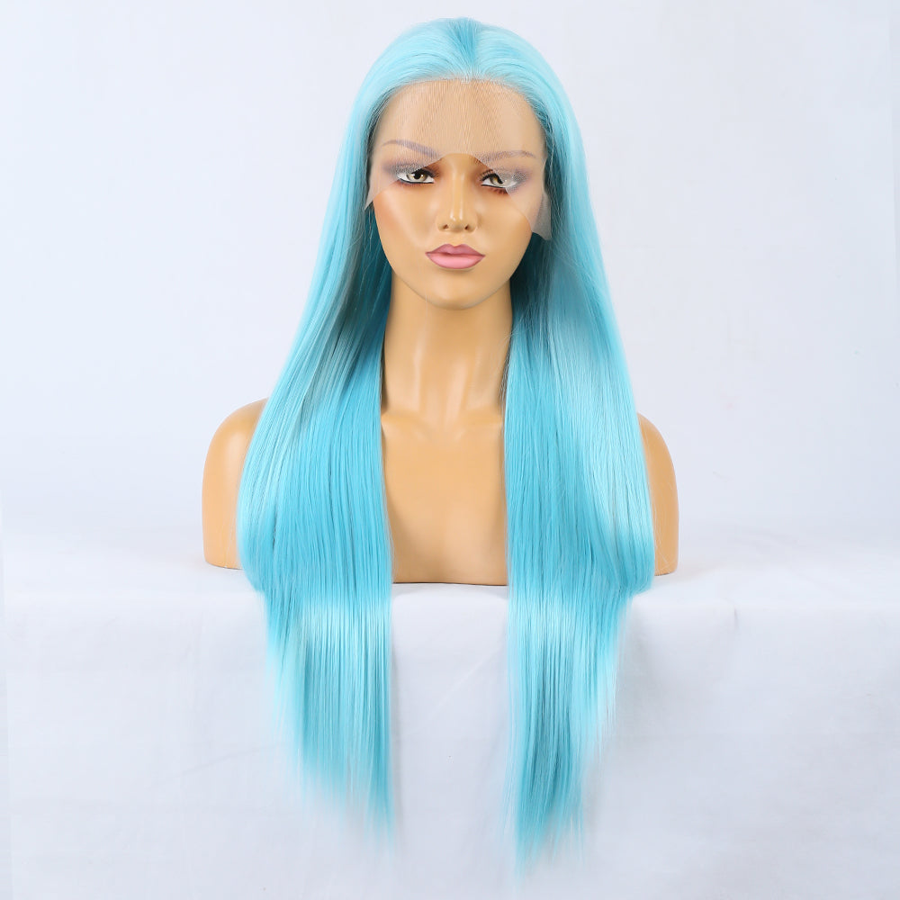 Blue Wig Front Lace Big Lace Ladies  Wig Headgear Lace Wigs Long Straight Hair